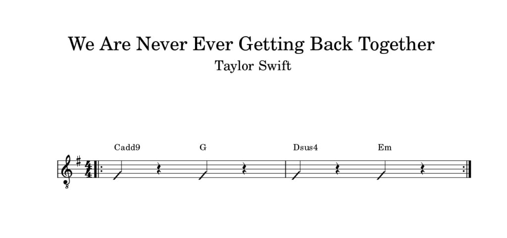 ギター初心者　おすすめ曲　Taylor Swift - We Are Never Ever Getting Back Together　楽譜